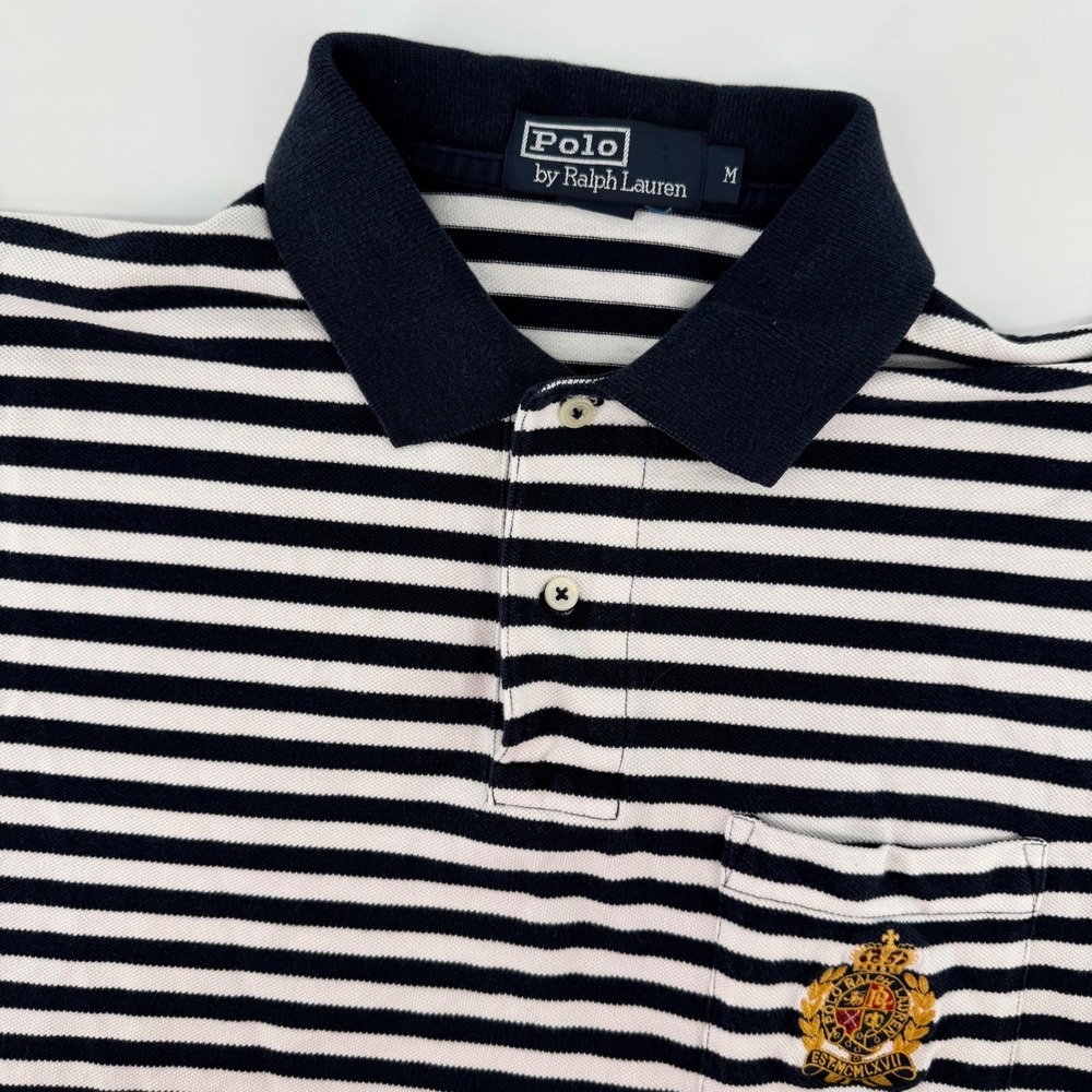 Polo Ralph Lauren Polo Shirt Mens M Navy Striped Crested Pocket Short Sleeve